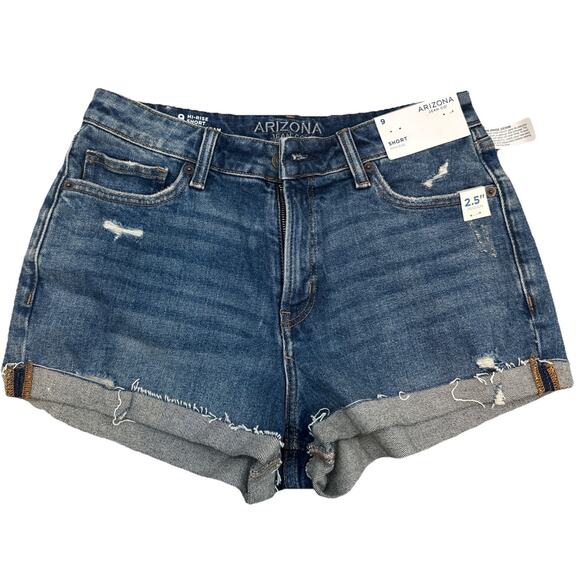 Arizona Jean Co. Hi- Rise Cuffed Cut Off Denim Shorts 9 Dark Blue distressed {70 - Picture 1 of 10
